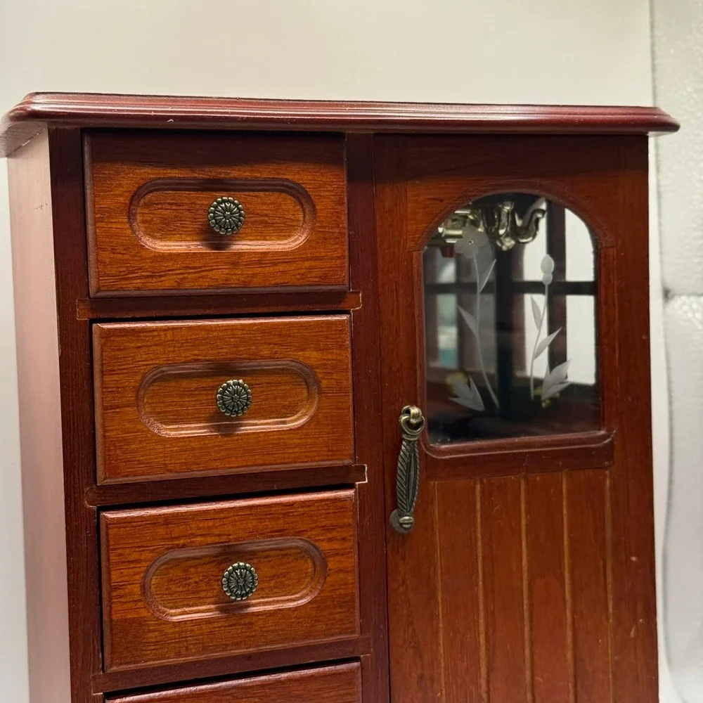 Vintage Wooden Jewelry Armoire Tabletop Chest 4 Drawers Etched Glass Carousel - Picture 2 of 16